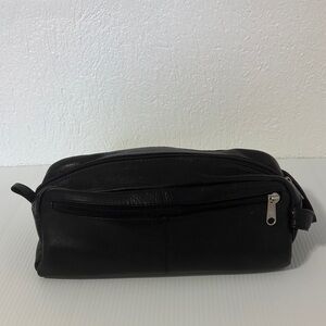 Black Leather Toiletry Travel Bag Top Zip Open & Front & Back Zip Pockets